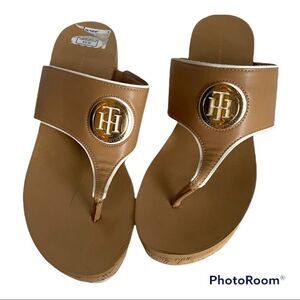 Tommy Hilfiger Tan Thong Wedge Sandals, Size 9 1/2